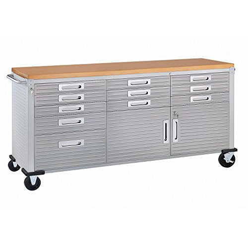 Seville Classics UltraHD Heavy Duty Rolling Cabinet Workbench Table w/Solid Wood Top, Workstation for Garage, Warehouse, Office, Workshop, 77" W x 20" D x 37.5" H, Granite, 12-Drawer