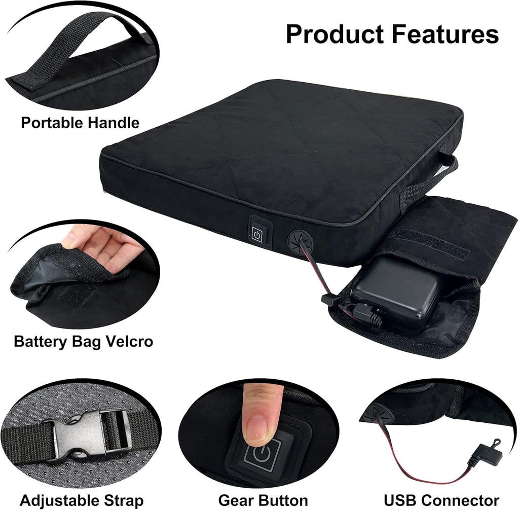 Portable Heated Seat Cushion with 3 Settings, Memory Foam for Camping, Office, Stadium N808