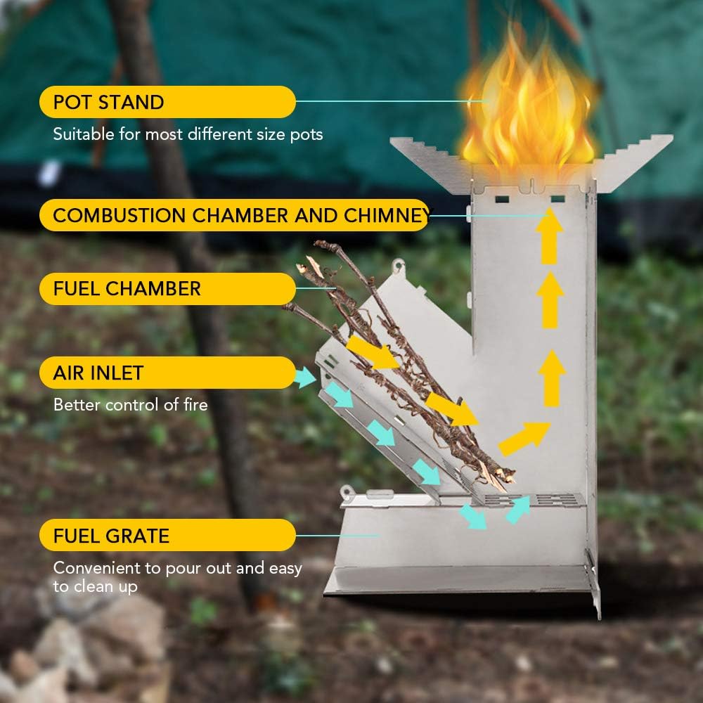 Lixada Camping Rocket Stove Portable Stainless Steel Wood Burning X1011