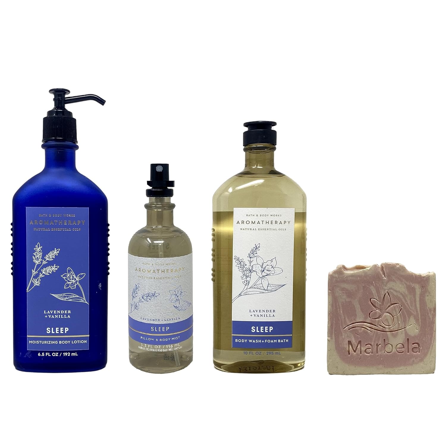Bath & Body Works Aromatherapy Sleep Lavender Vanilla 3 Piece Set - Body Lotion ,Body Wash and Pillow Mist with a Himalayan Salts Springs Sample Soap