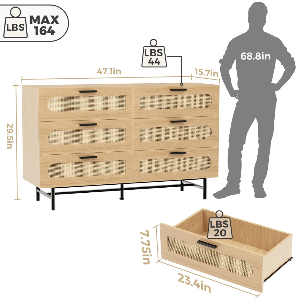 REHOOPEX 6 Drawer Dresser for Bedroom, Natural Rattan Chest of Drawers K6870