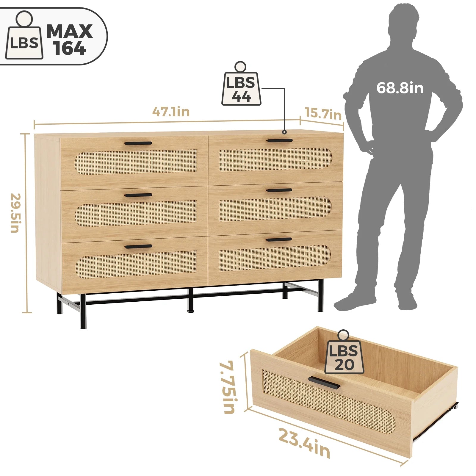 REHOOPEX 6 Drawer Dresser for Bedroom, Natural Rattan Chest of Drawers K6870