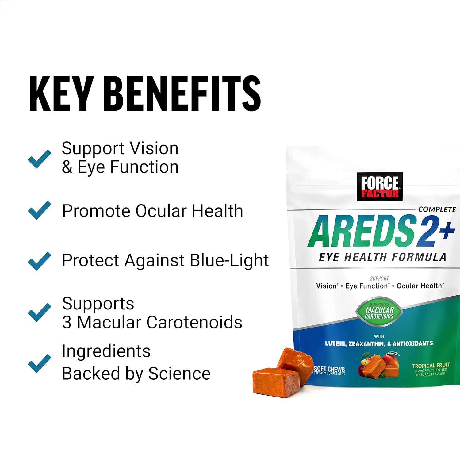 FORCE FACTOR AREDS2+ Eye Vitamins with Lutein & Zeaxanthin, Tropical Punch, 60 Soft Chews M698555