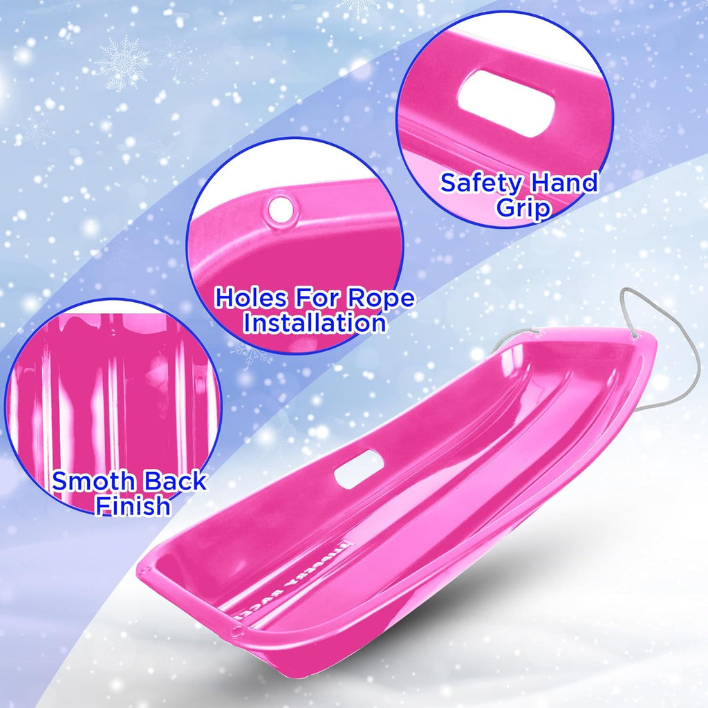 Kids Plastic Snow Sled with Pull Rope and Handles, Pink (3 Pack) V20965