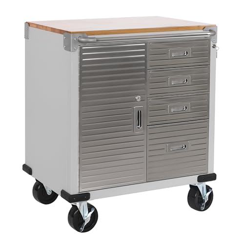 Seville Classics UltraHD Heavy Duty Rolling Cabinet Workbench Table w/Solid Wood Top Workstation for Garage, Warehouse, Office, Workshop, 34.5" H, 2-Door (28" W x 18" D), Granite
