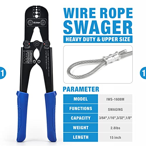 iCrimp Swaging Tool for Wire Rope Crimping, Aluminum Copper Sleeves and Ferrules, with Built-in Cable Cutter V3331