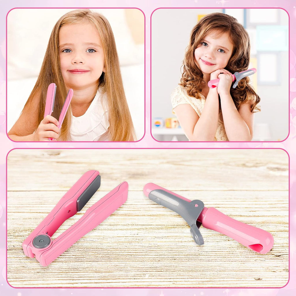 deAO Girls Beauty Salon Set 35pcs Kids Pretend Play Makeup with Hairdryer, Mirror, Curling Iron Q956