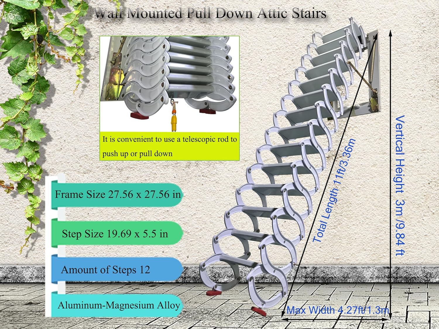 TECHTONGDA Loft Ladder Al-Mg Alloy Attic Stairs Wall-mounted Folding with Armrests 9.8ft F936
