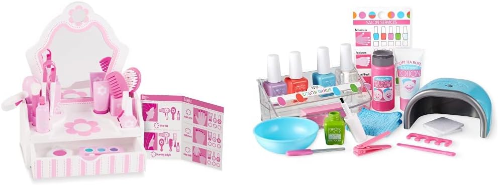 Melissa & Doug Wooden Beauty Salon Play Set With Accessories- Pretend Hair Salon, Toddler Makeup Vanity, Fashion Role For Kids Ages 3+ & Love Your Look Pretend Nail Care Play Set, Pink