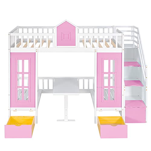 Twin Castle Style Bunk Bed with Slide, Twin-Over-Twin, Solid Wood, Pink M891224
