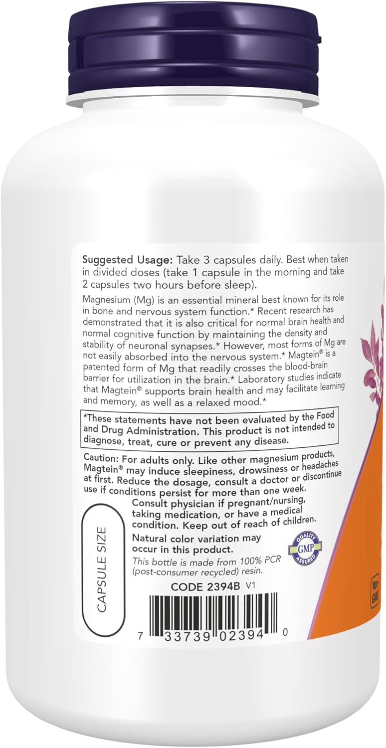 NOW Supplements Magtein, Magnesium L-Threonate, 180 Veg Capsules D266