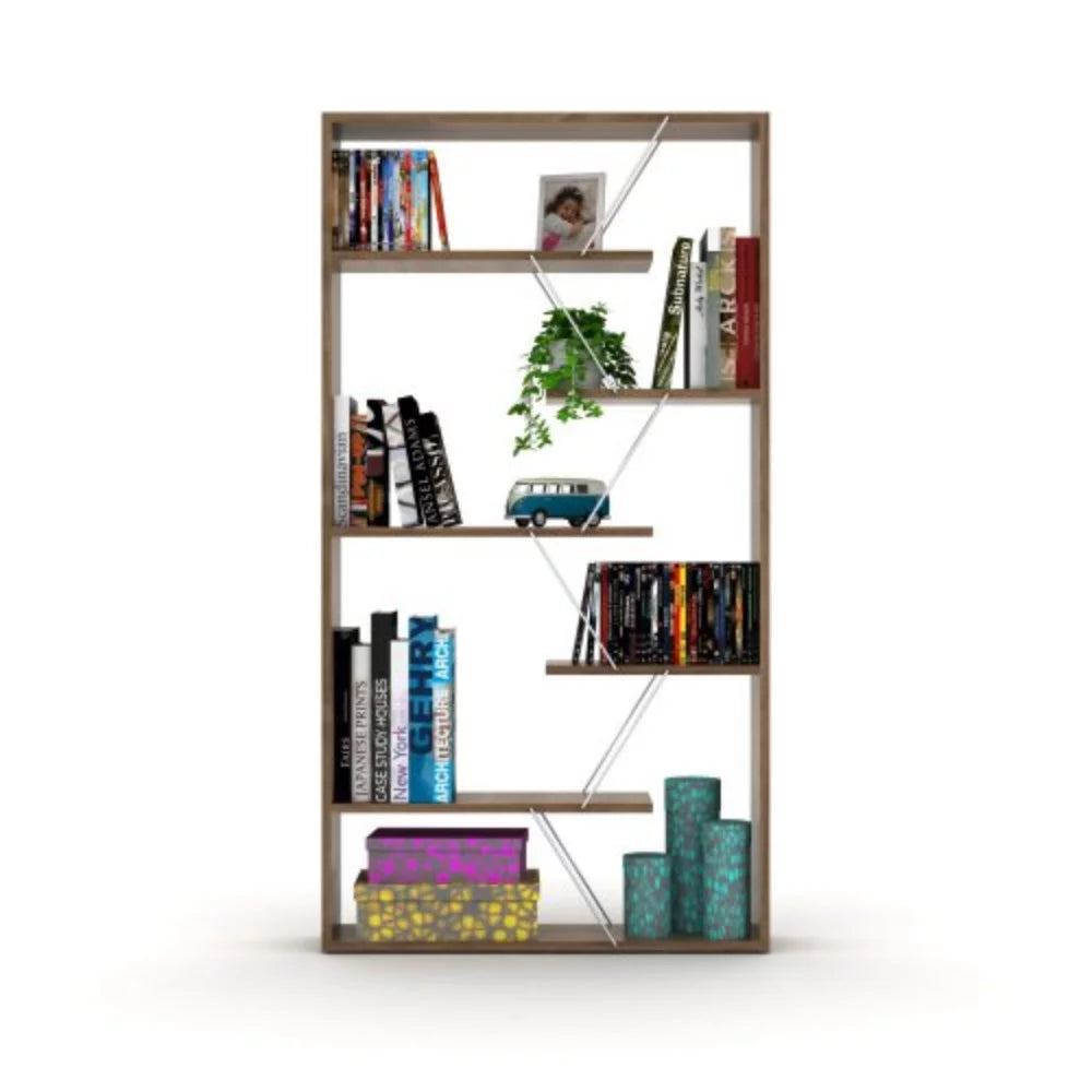Wood Frame Etagere 6-Shelf Bookcase for Office and Living Room, Walnut/Chrome Z477749