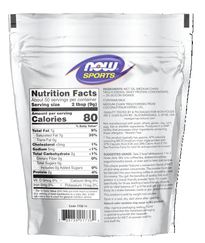 NOW Sports MCT Powder with Whey Protein Isolate, Unflavored, 1 lb Y167