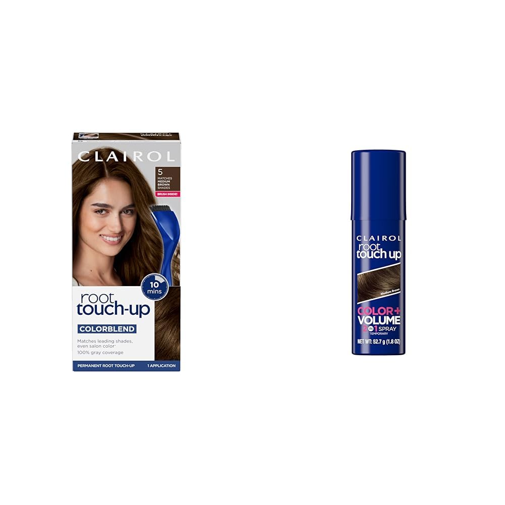 Clairol Root Touch-Up by Nice'n Easy Permanent Hair Dye, 5 Medium Brown Hair Color, Pack of 1 1 & Root Touch-Up Color + Volume 2-in-1 Temporary Hair Coloring Spray,