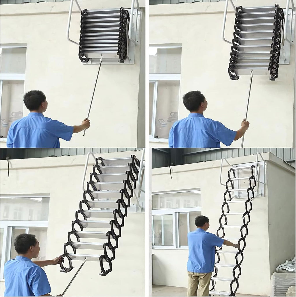 TECHTONGDA Folding Attic Loft Ladder 12 Steps Wall Mounted Al-Mg Alloy 9.8ft Blue with Armrests D608