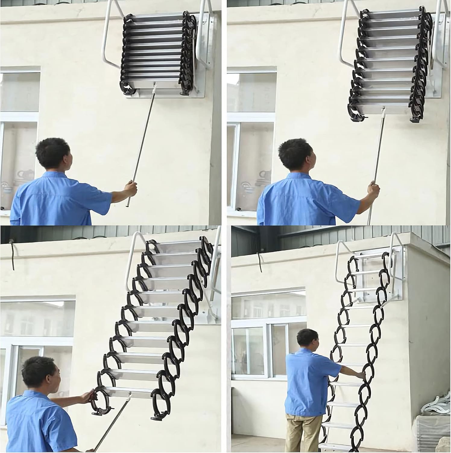 TECHTONGDA Folding Attic Loft Ladder 12 Steps Wall Mounted Al-Mg Alloy 9.8ft Blue with Armrests D608