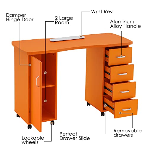 BarberPub Manicure Table with 4 Drawers, Lockable Wheels, White E878354