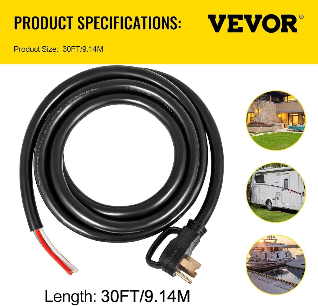 Vevor 30Ft 50Amp Generator Extension Cord 6 Gauge STW N14-50P to Bare Wire Q200
