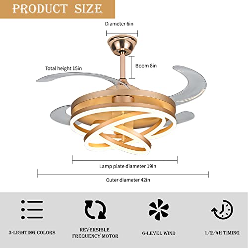 42" Invisible Ceiling Fan Chandelier Light, Modern Remote Control, Gold E3119
