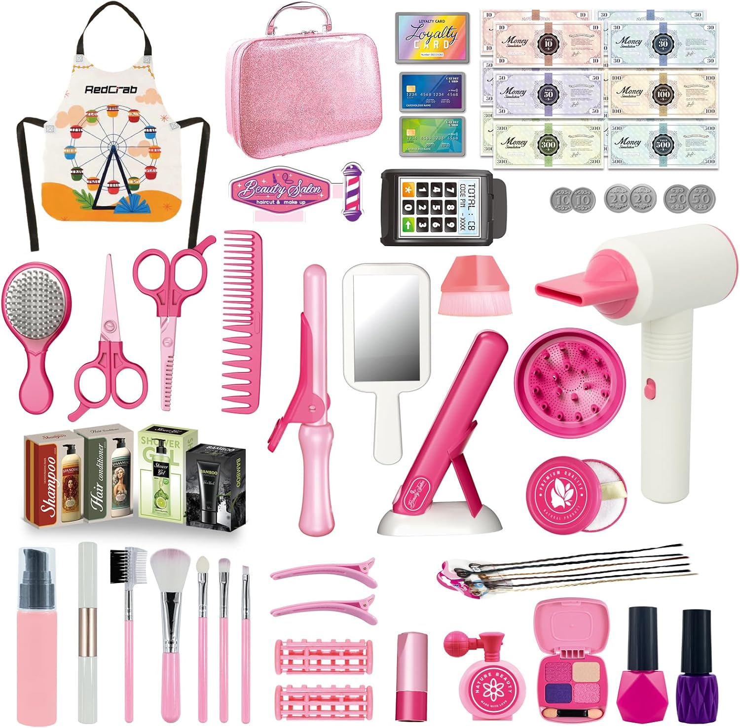RedCrab Kids Beauty Salon Toy Set, Girls Salon Hair Stylist Pretend Makeup Kit includes Kids Hair Dryer, Comb, Makeup Bag and Other Accessories, 3-8 Years Ideal Gift for Children