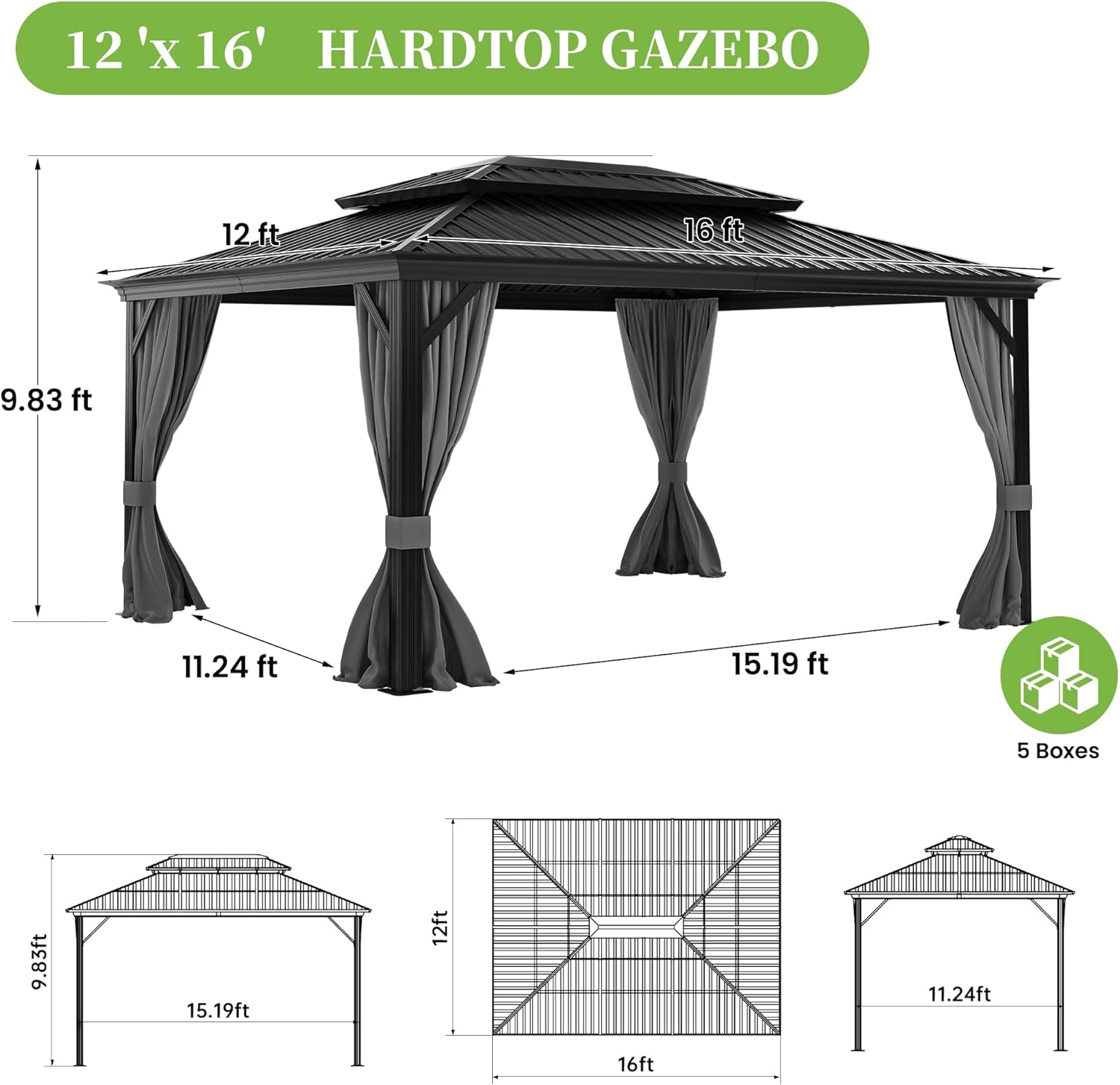 12' x 16' Hardtop Gazebo with Aluminum Frame and Galvanized Steel Roof Y4893