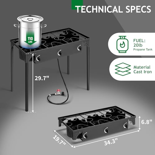 Outvita 3 Burner Propane Gas Stove for Outdoor Cooking, 225,000 BTU Camping Cooker A6505