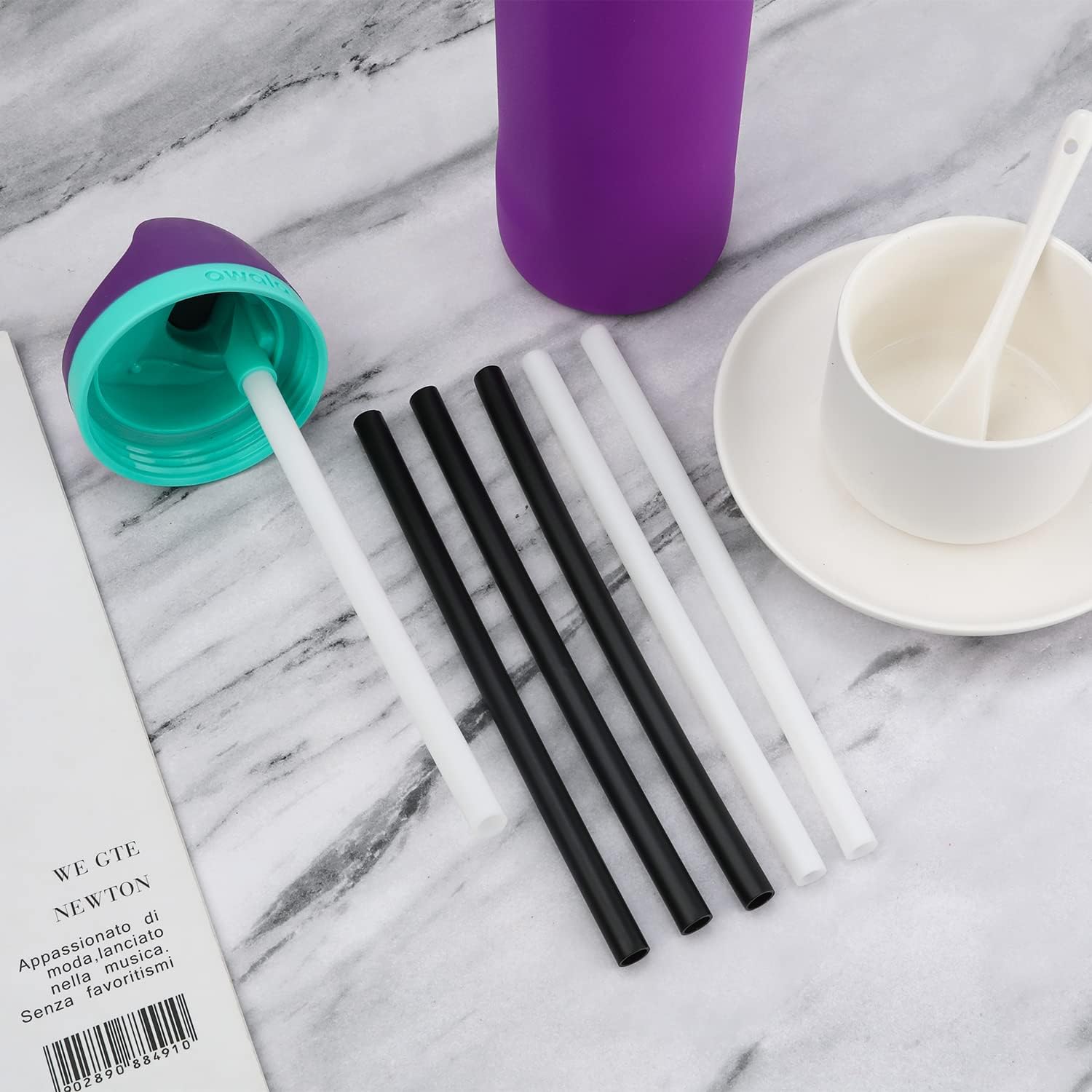 Replacement Straws for Owala FreeSip 24oz, 6pcs with Cleaning Brush, Black and White X136