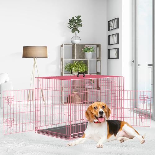 Large Dog Crate 42 Inches Double Door Folding Metal Wire Pet Kennel with Divider Panel F6603