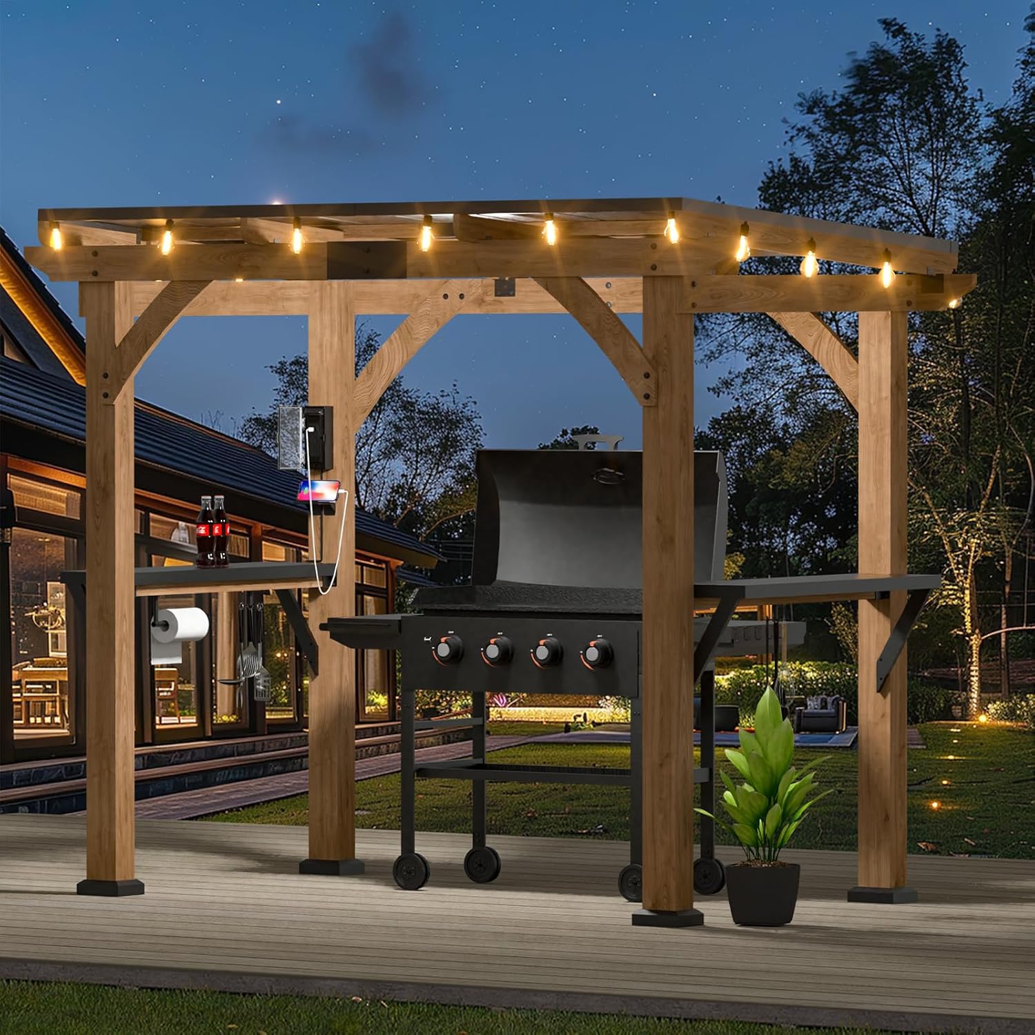 Modern Shade Grill Gazebo 6' x 8' with Cedar Wood Frame and Steel Roof D8535