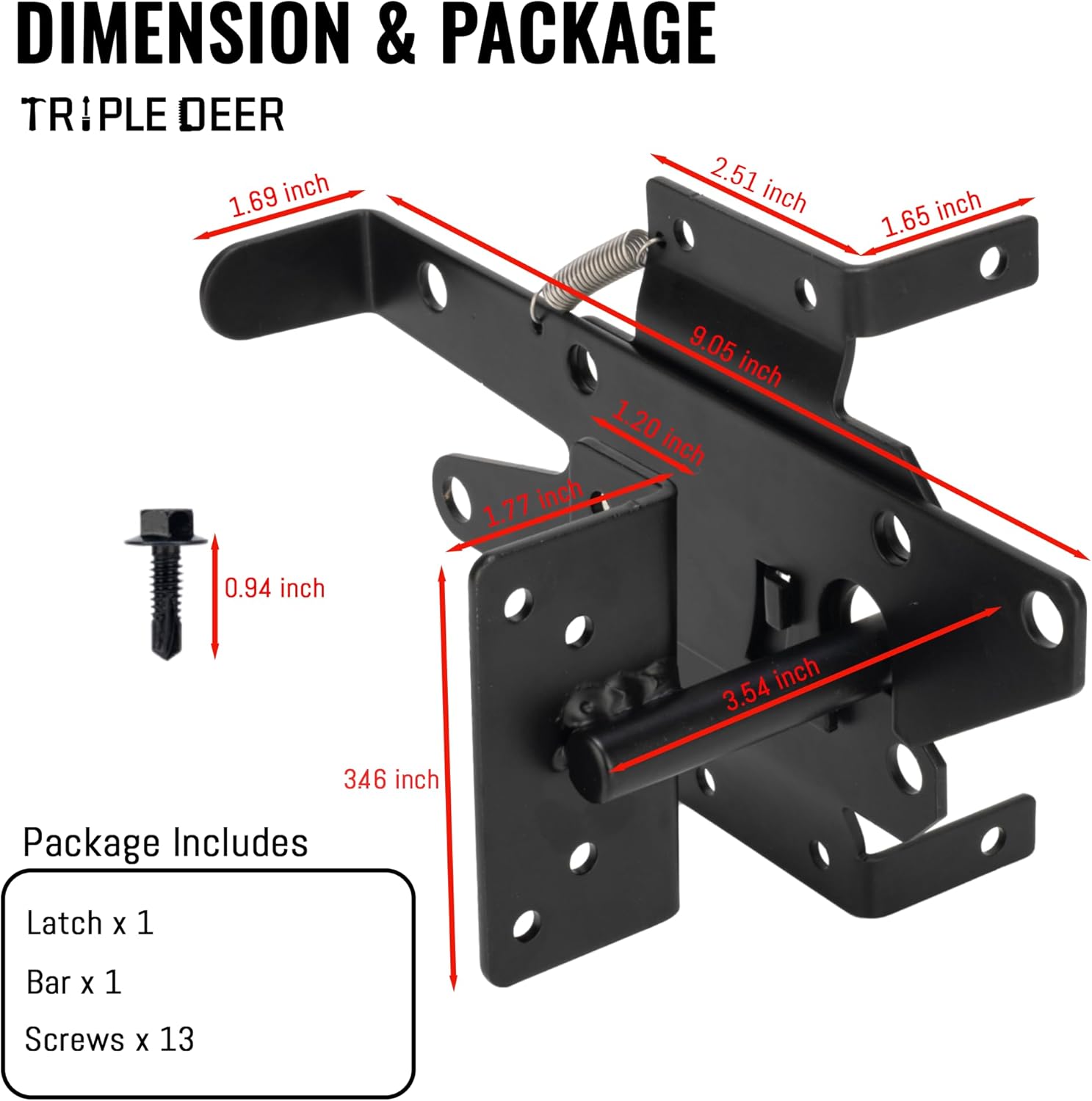 Self-Locking Gate Latch, Heavy Duty Post Mount for Wooden Fence, Black X6262