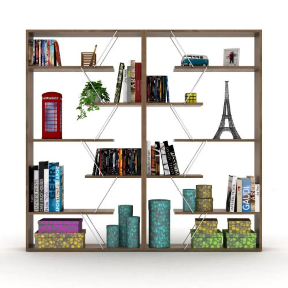 Wood Frame Etagere 6-Shelf Bookcase for Office and Living Room, Walnut/Chrome Z477749