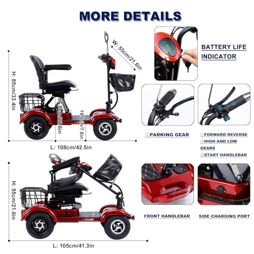 Folding 4-Wheel Mobility Scooter for Adults with Lights, Red U402