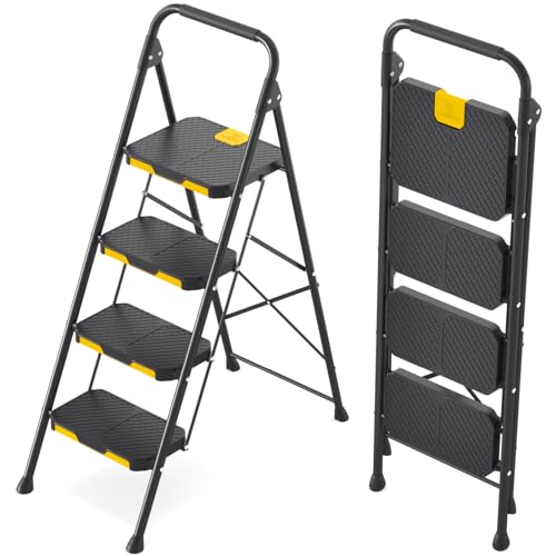 KINGRACK 5 Step Ladder with Tool Platform, Folding Step Stool with Handrails, Sturdy Steel Ladder with Wide Pedal, 800 LBS Portable Safety Ladder for Adults Painting Home Outdoor Garage