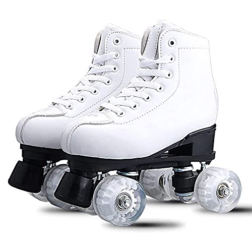 Classic White Roller Skates Unisex Double Row 4 Wheels Quad Rollers Skates, PU Leather Material, with Durable PU Wheels for Indoor Outdoor Beginners Teens Adult Boys Girls