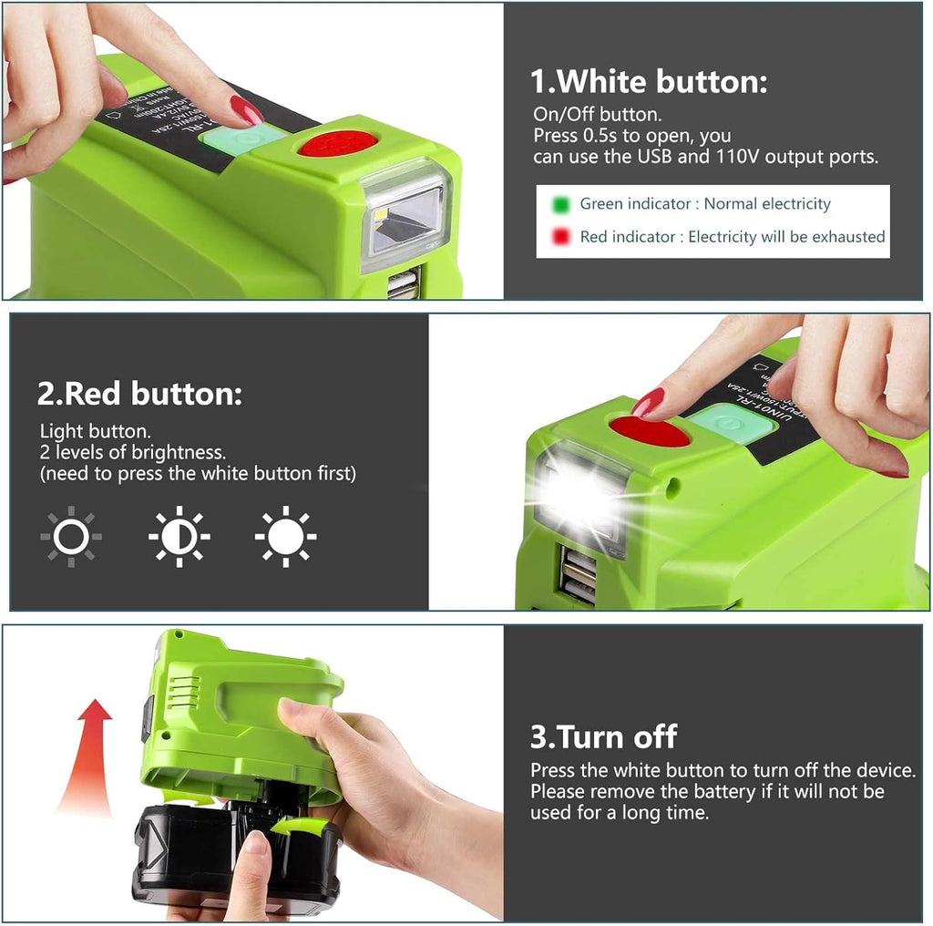 Portable 150W Power Inverter for RYOBI 18V Battery with USB, LED Light & AC Outlet G495