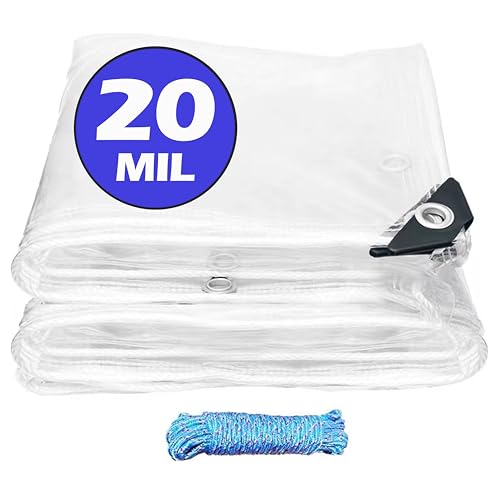 Outdoor Clear Tarps 20 Mil Heavy Duty, 8X8 FT Clear Vinyl Tarp Tarpaulin, Heavy-Duty Waterproof Clear PVC Tarp with Metal Grommets, Tear Resistant Cover for Garden, Balcony (8 x 8 FT)