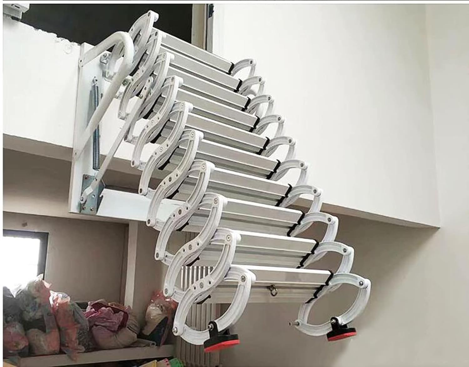 TECHTONGDA Loft Ladder Al-Mg Alloy Attic Stairs Wall-mounted Folding with Armrests 9.8ft F936