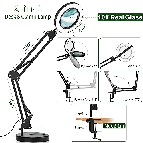 Qsky 2-in-1 LED Magnifying Desk Lamp with Clamp, 10X, 3 Color Modes J623