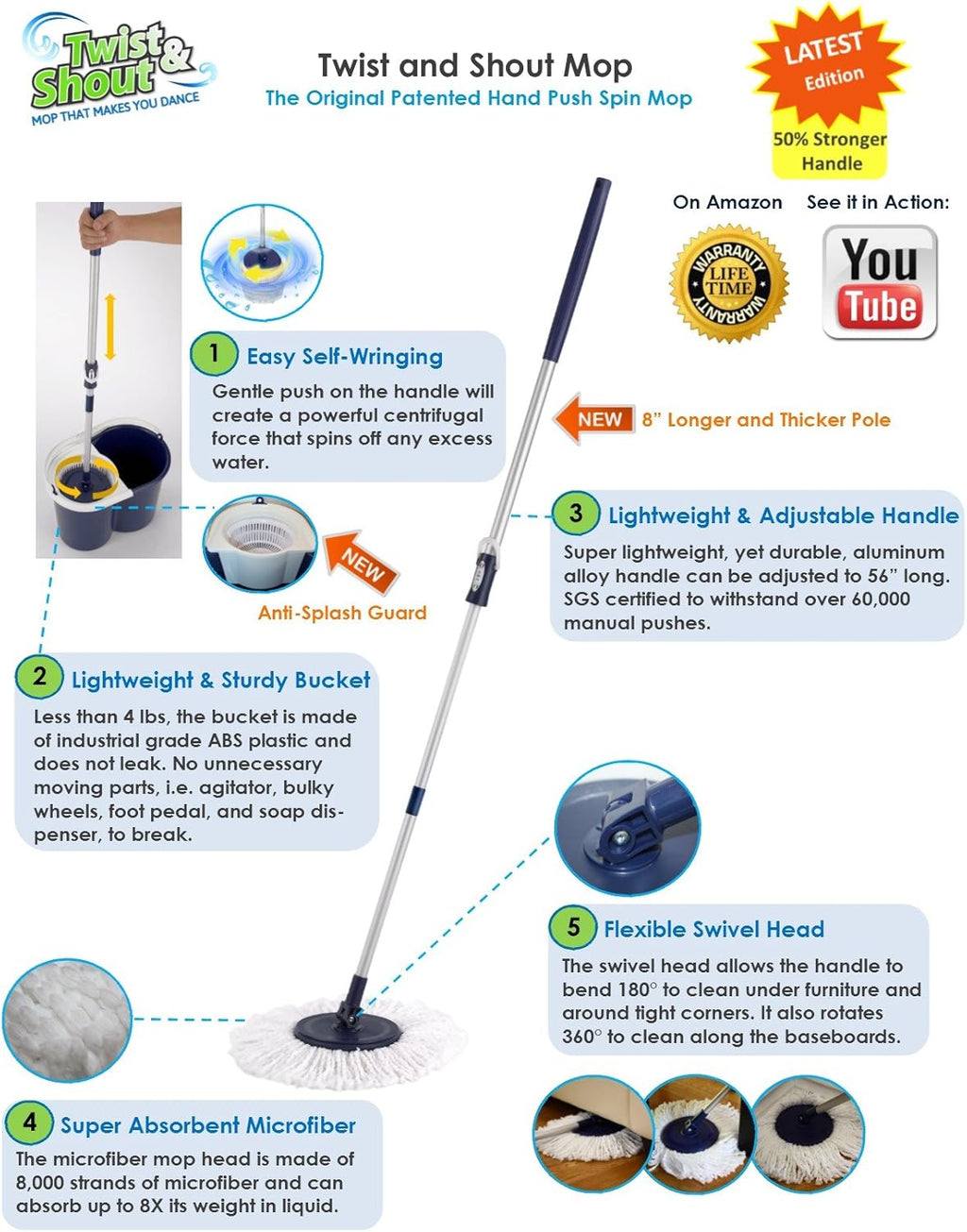 Twist and Shout Mop with 2 Microfiber Mopheads H553178