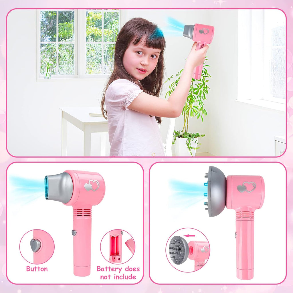 deAO Girls Beauty Salon Set 35pcs Kids Pretend Play Makeup with Hairdryer, Mirror, Curling Iron Q956
