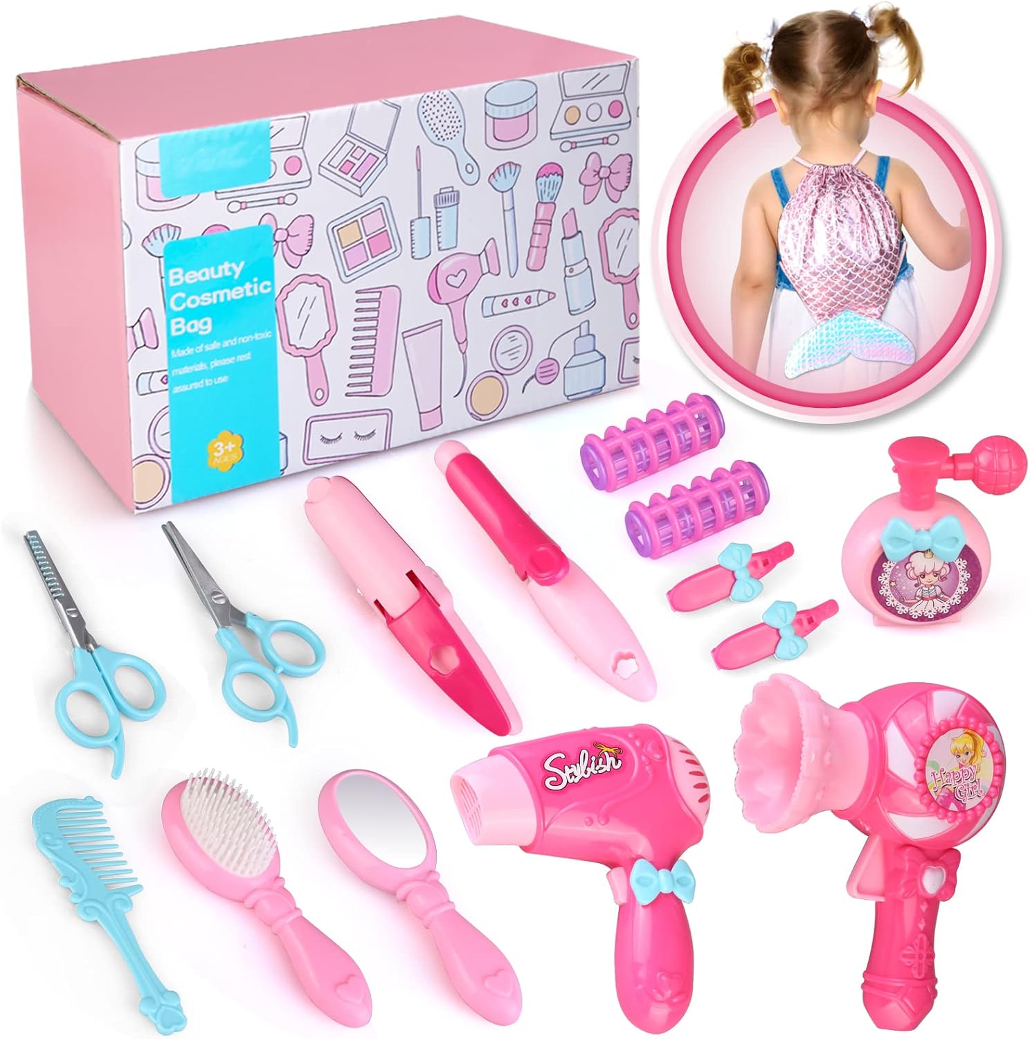 Kids Hair Salon Toy Set,Little Girls Pretend Makeup Set with Hair Dryer Hair Curler and Beauty Accessories,Dressing Up Toy Beauty Salon Playset,Pretend Play Cosmetic Toy for Boys and Girls 3 Years +