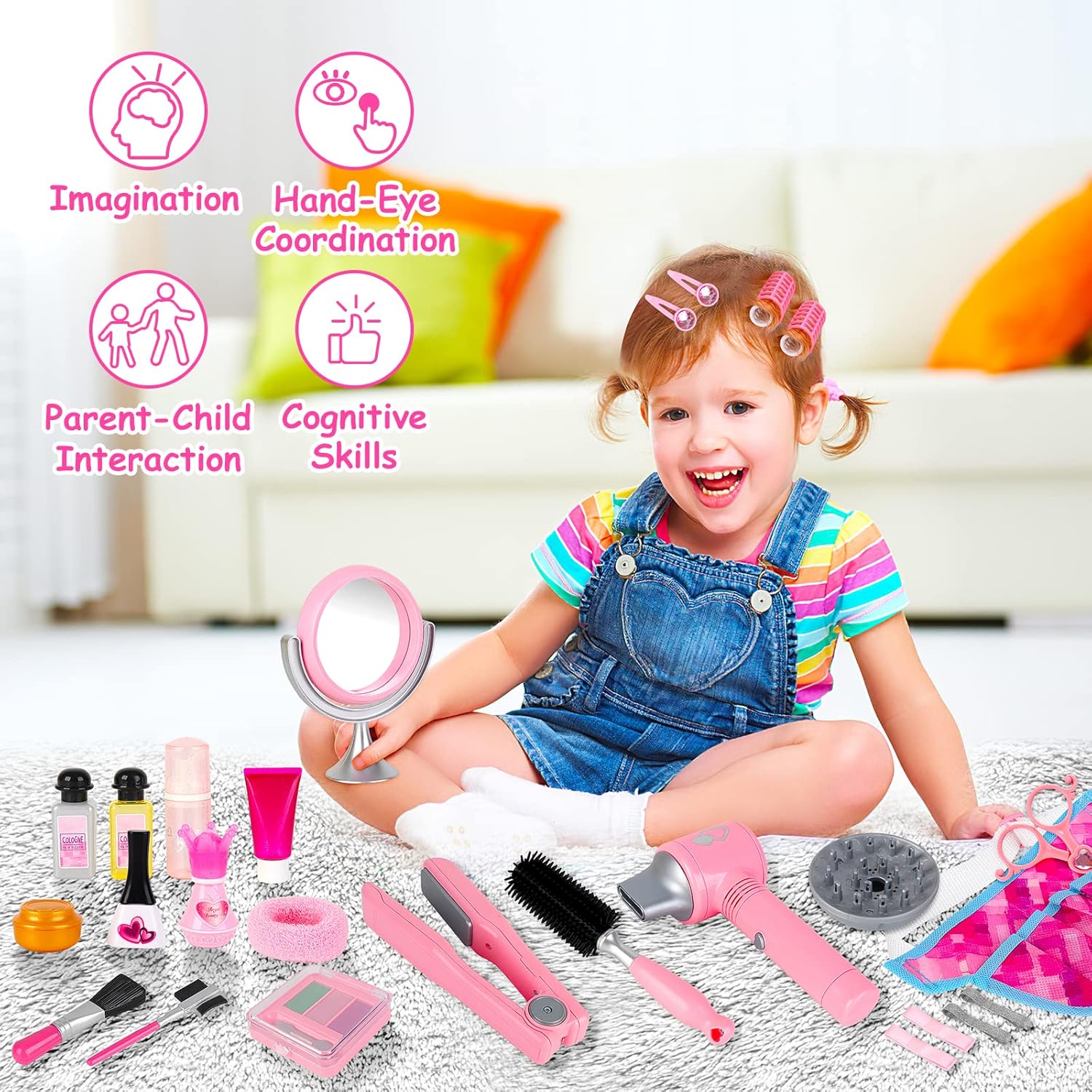 deAO Girls Beauty Salon Set 35pcs Kids Pretend Play Makeup with Hairdryer, Mirror, Curling Iron Q956