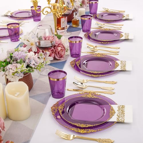 Nervure 350PCS Clear Gold Plastic Plates Dinnerware Set for 50 Guests S7668