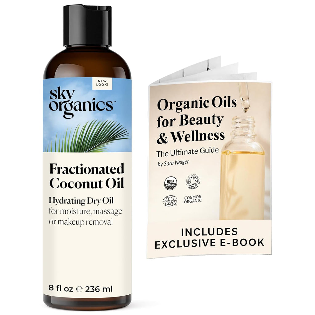 Sky Organics Fractionated Coconut Oil, Hydrating Dry Oil for Moisture, Massage and Makeup Removal, Suitable for All Skin Types, 100% Pure and Cold Pressed Multipurpose Body and Face Oil, 8 fl. Oz