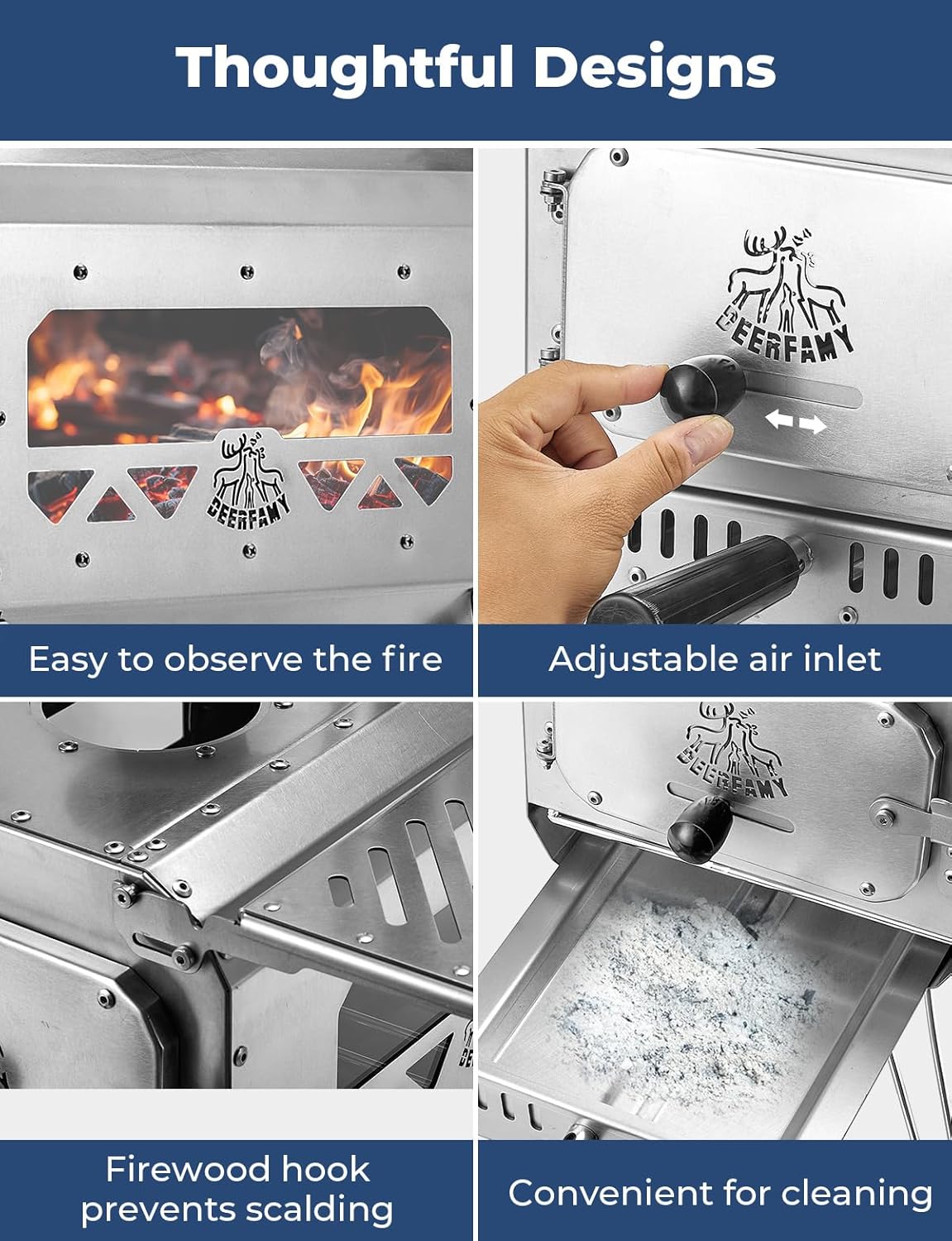 DEERFAMY Portable Stainless Steel Tent Stove with 6 Chimney Pipes M679