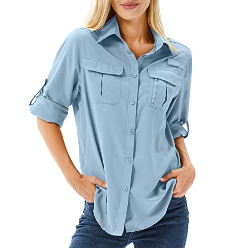 Women's UPF 50 Long Sleeve UV Sun Protection Safari Shirts Outdoor Quick Dry Fishing Hiking Travel Shirts