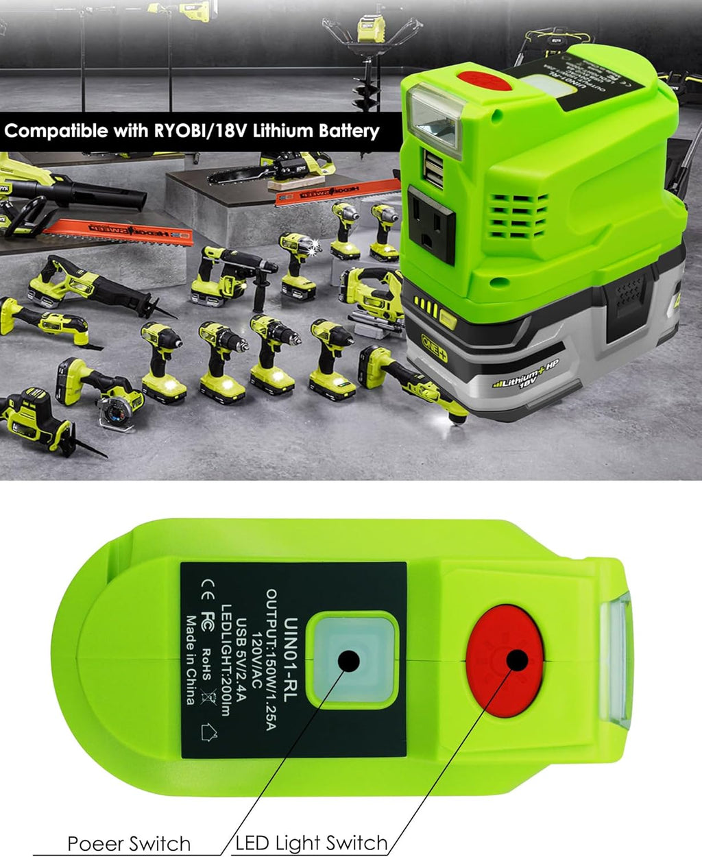 Portable Power Inverter for Ryobi 18V Battery, 150W AC Outlet Dual USB K406980