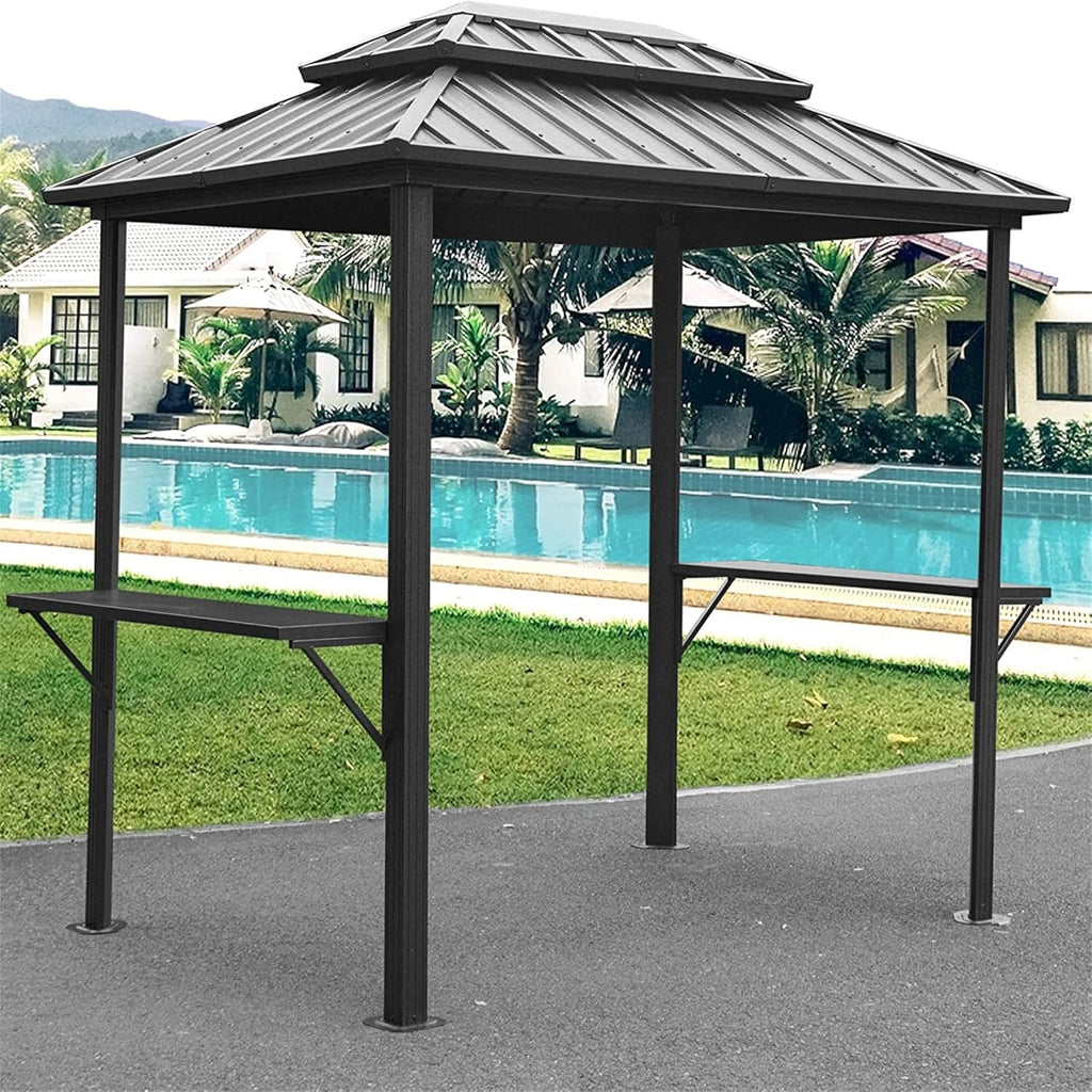 8x6FT Outdoor Aluminum Hardtop Grill Gazebo with 2 Shelves Serving Tables and Double Roof Hard Top, BBQ Pergolas w/Triangular Stand Pole&Hooks, Canopy for Patio Lawn Deck Garden Cooking Shade, Gray
