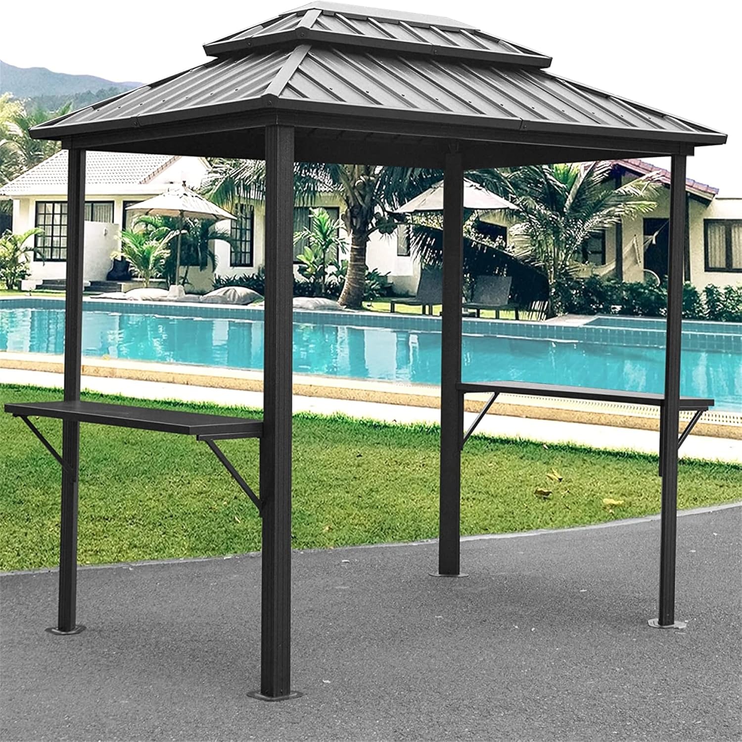 8x6FT Outdoor Aluminum Hardtop Grill Gazebo with 2 Shelves Serving Tables and Double Roof Hard Top, BBQ Pergolas w/Triangular Stand Pole&Hooks, Canopy for Patio Lawn Deck Garden Cooking Shade, Gray