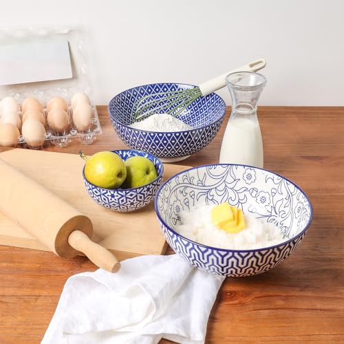 Selamica Ceramic Large Salad Bowls Set, 53 OZ, 8 Inch, Stackable, Set of 3, Vintage Blue G742
